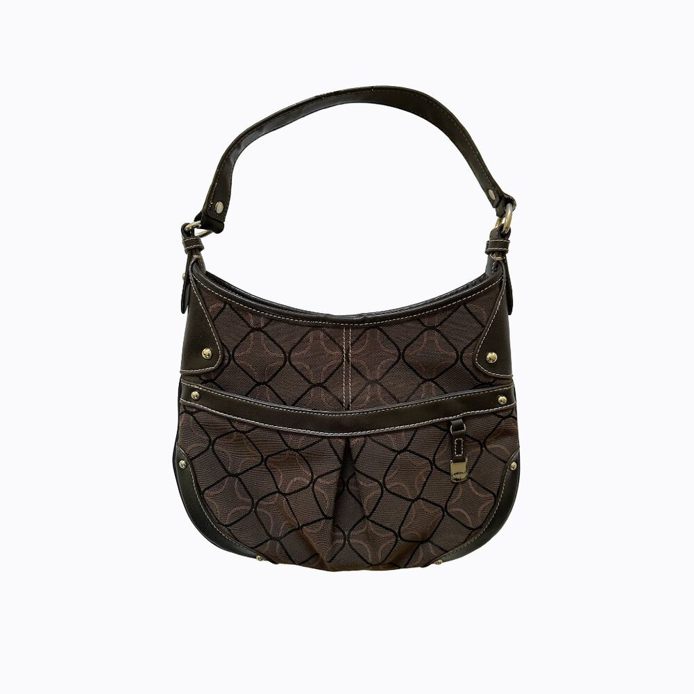 90s Y2K Crescent Shoulder Bag Med Espresso Geo Charm Leather Stud Office Siren
